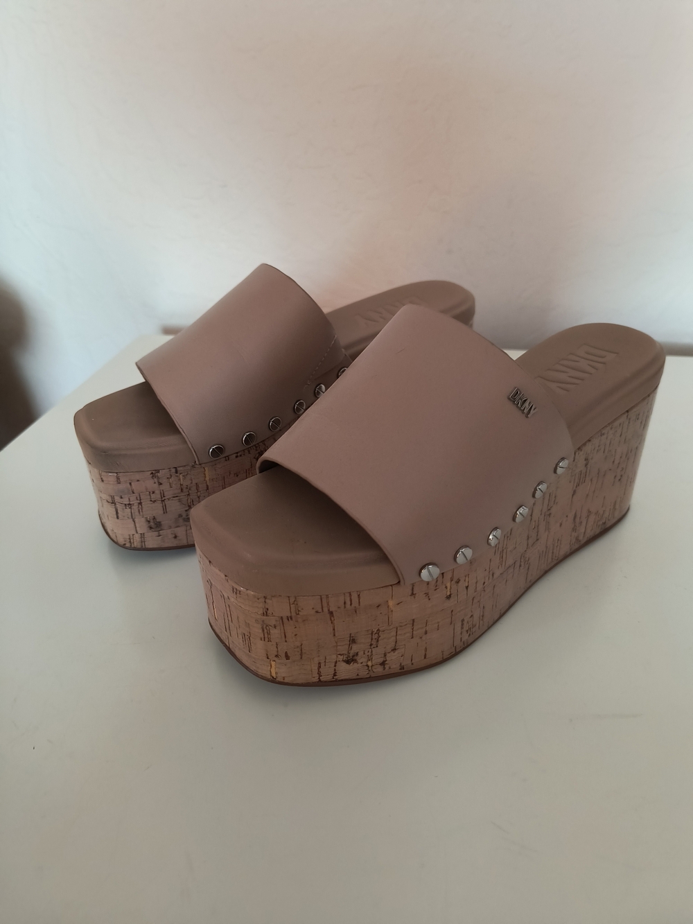 DKNY Nude Cork Platform Slide Sandals